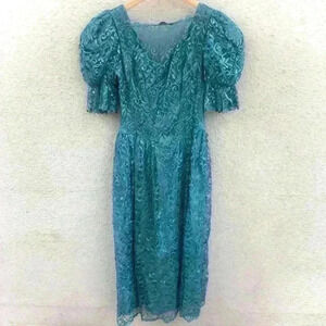 VTG 70s 80s JCPenney Womens Turquoise Floral Lace Puff Prom Formal Dress XS